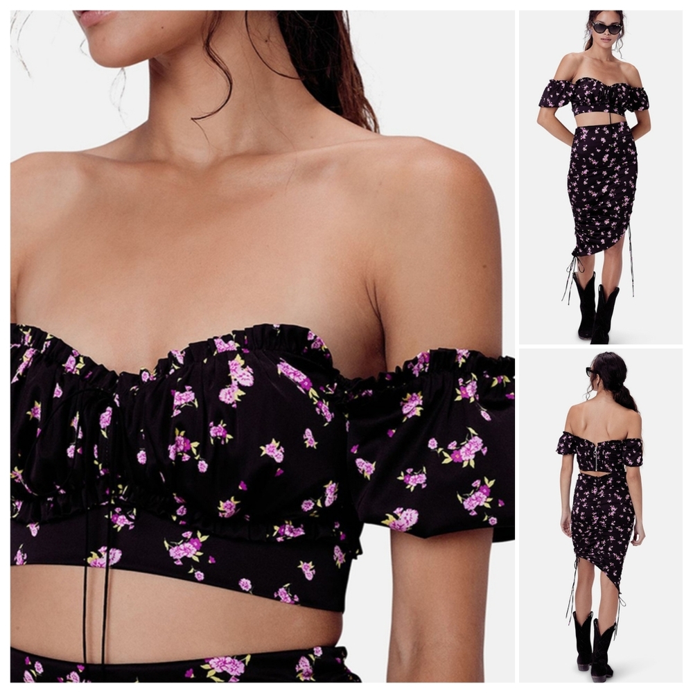 For Love & Lemons | Satin On/Off Shoulder Laramie Crop Top Lavender Floral Sm